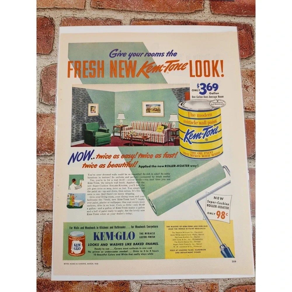 1950 Kem-Tone Paint Print Ad Kem-Glo‎ MCM Wall Art Fresh Room Postwar Optimism